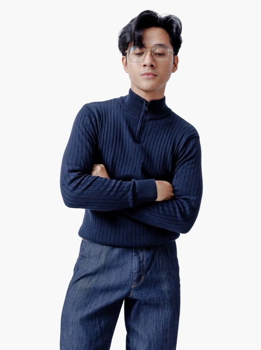 Image of Navy Slimfit Ribbed Quarter Zip Neck Knitwear