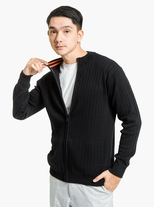 Image of Black Sporty Ribbed Full Zip Neck Knitwear