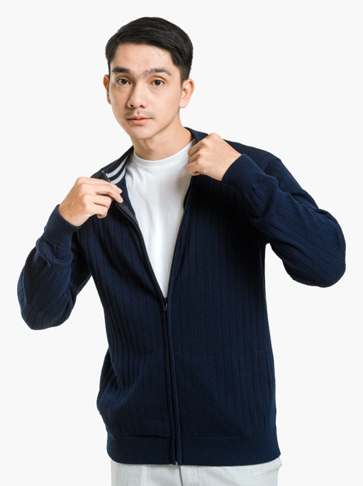 Image of Navy Sporty Ribbed Full Zip Neck Knitwear