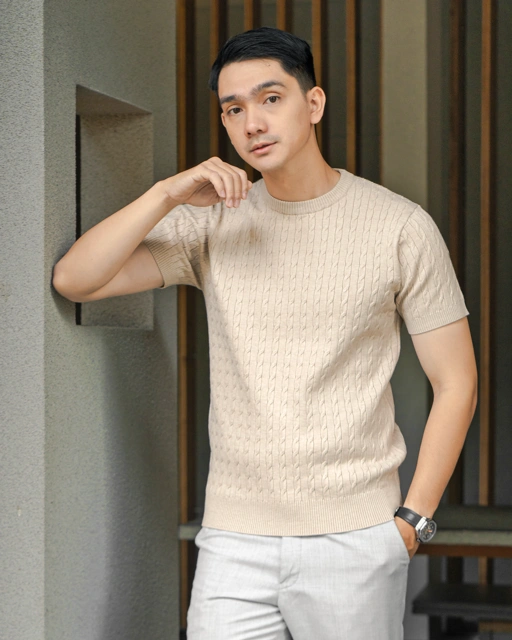 Image of Beige Viscose Cable Crewneck Short Sleeve Knitwear