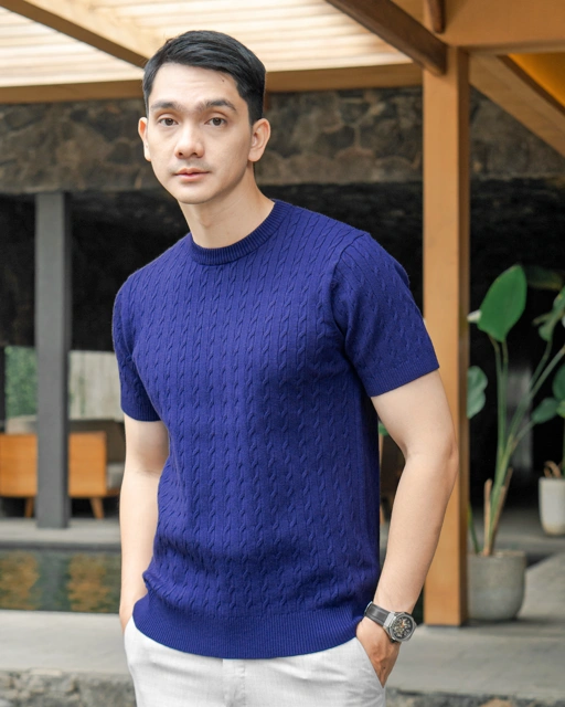 Image of Indigo Blue Viscose Cable Crewneck Short Sleeve Knitwear
