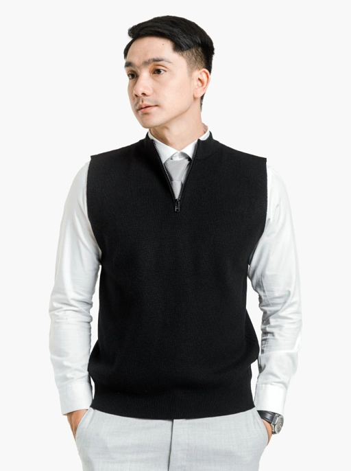 Image of Black Viscose Vest Zip Neck Knitwear