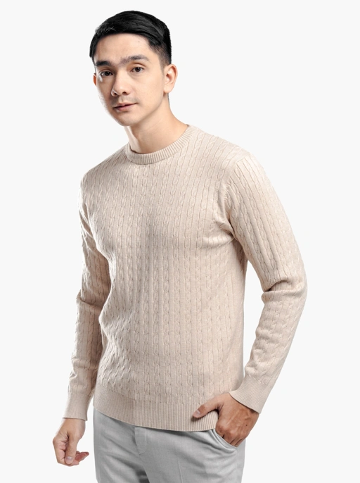 Image of Beige Viscose Cable Crewneck Knitwear