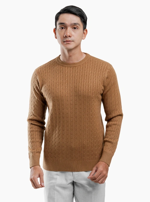 Image of Camel Brown Viscose Cable Crewneck Knitwear