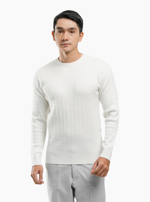 Image of Off White Viscose Cable Crewneck Knitwear