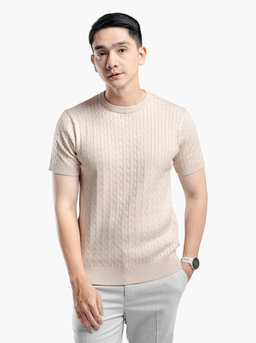 Image of Beige Viscose Cable Crewneck Short Sleeve Knitwear