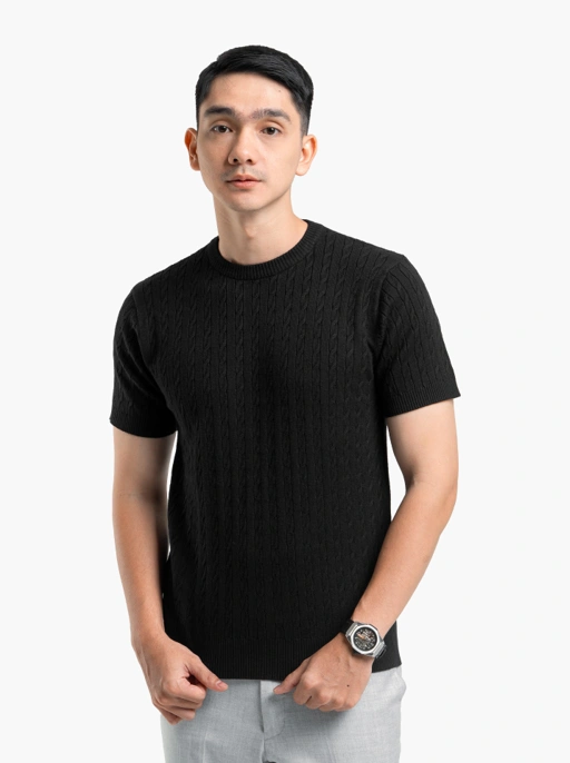 Image of Black Viscose Cable Crewneck Short Sleeve Knitwear
