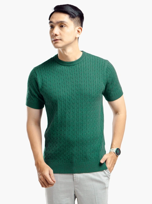 Image of Forest Green Viscose Cable Crewneck Short Sleeve Knitwear
