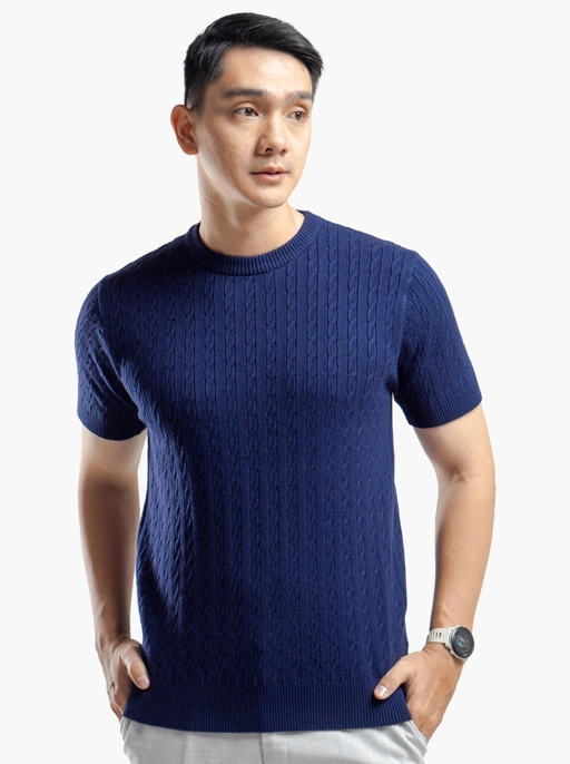 Image of Indigo Blue Viscose Cable Crewneck Short Sleeve Knitwear