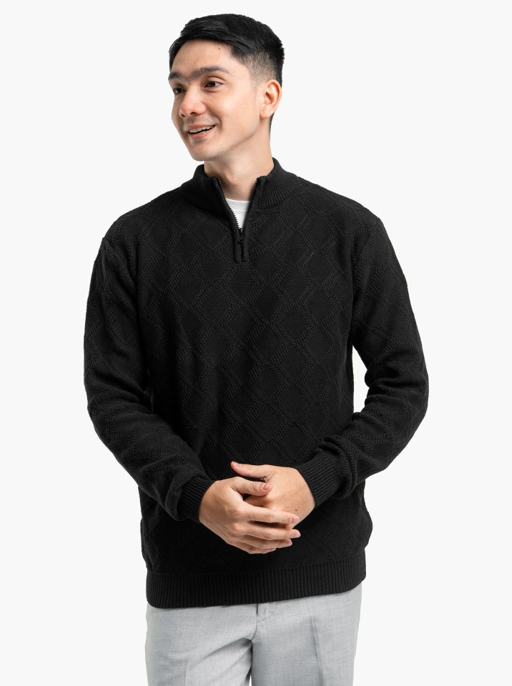 Image of Black Cable Diamond Zip Mockneck Knitwear