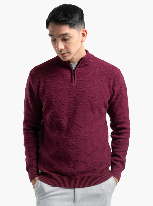 Image of Maroon Cable Diamond Zip Mockneck Knitwear