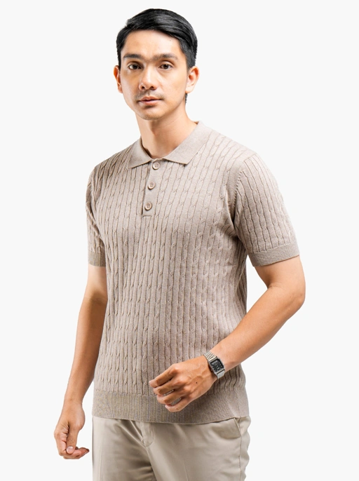 Image of Choco Cable Polo Button Neck Knitwear