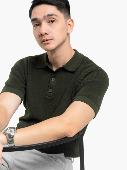 Image of Army Green Cord Polo Button Neck Knitwear