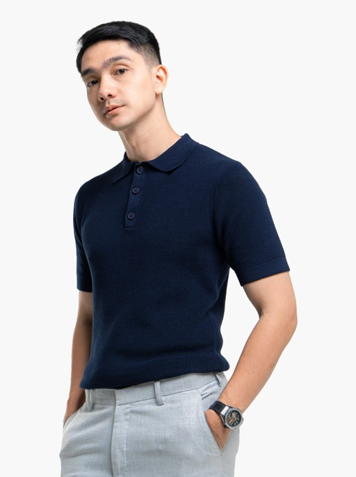 Image of Navy Cord Polo Button Neck Knitwear