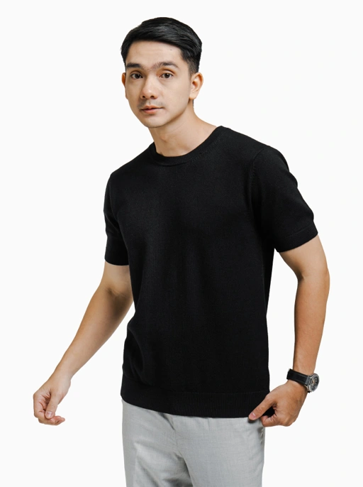Image of Black Viscose Crewneck Short Sleeve Knitwear