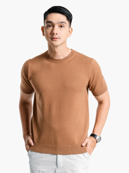 Image of Camel Brown Viscose Crewneck Short Sleeve Knitwear