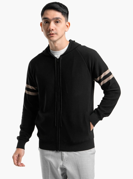 Image of Raglan Hoodie Full Zip Black Stripe Khaki Knitwear
