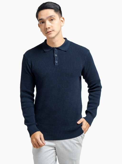 Image of Navy Pixel Polo Button Neck Knitwear