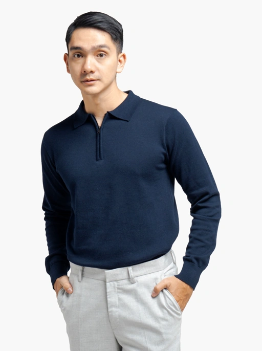 Image of Navy Polo Zip Neck Long Sleeve Knitwear