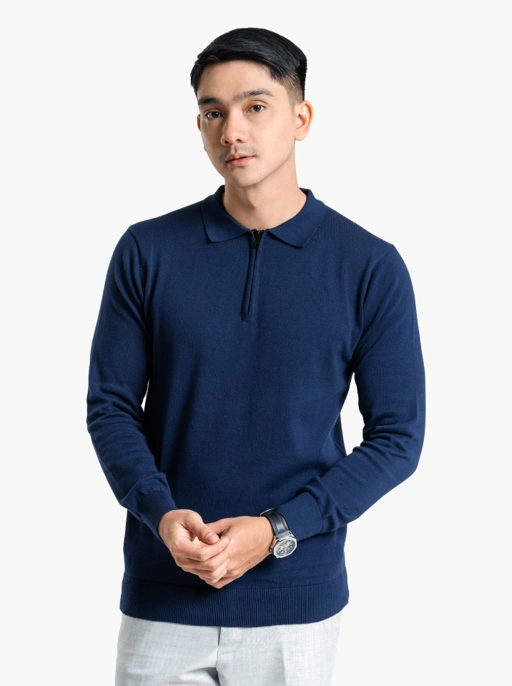 Image of Light Navy Polo Zip Neck Long Sleeve Knitwear