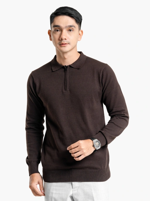 Image of Coffee Polo Zip Neck Long Sleeve Knitwear