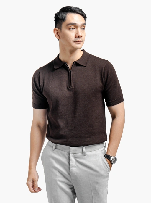 Image of Coffee Polo Zip Neck Knitwear