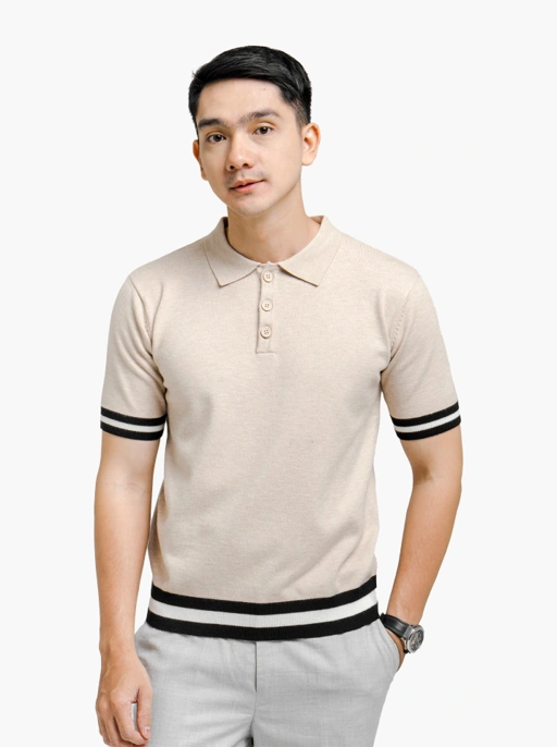 Image of Beige Viscose Boxy Polo Stripe Knitwear