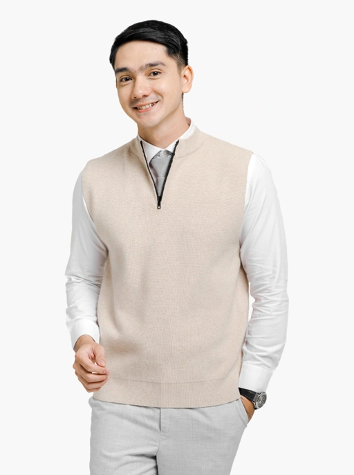 Image of Beige Viscose Vest Zip Neck Knitwear