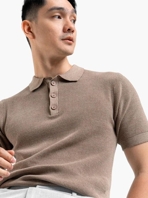 Image of Khaki Cord Polo Button Neck Knitwear