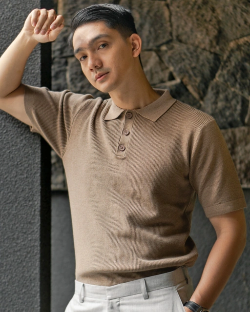 Image of Khaki Cord Polo Button Neck Knitwear