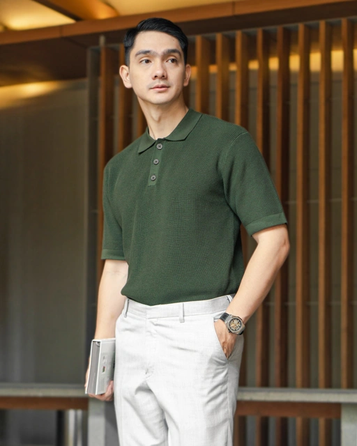 Image of Army Green Cord Polo Button Neck Knitwear