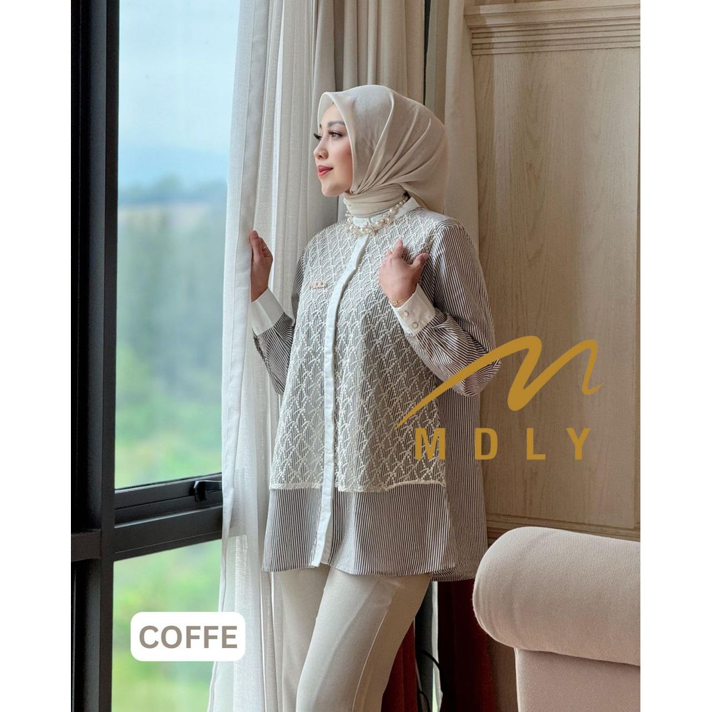 Baju Kemeja Atasan Wanita Muslim/Atasan Mewah Kombinasi Monogram Lace/Rinka Signature Shirt by MDLY