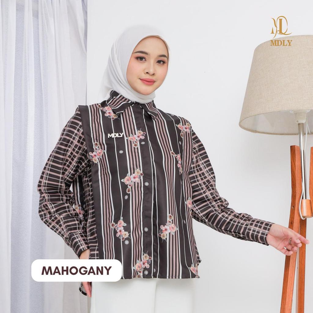 MDLY kalu shirt kemeja atasan wanita lengan panjang motif stripes printing feminim dan elegan