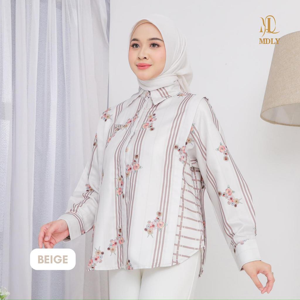 MDLY kalu shirt kemeja atasan wanita lengan panjang motif stripes printing feminim dan elegan