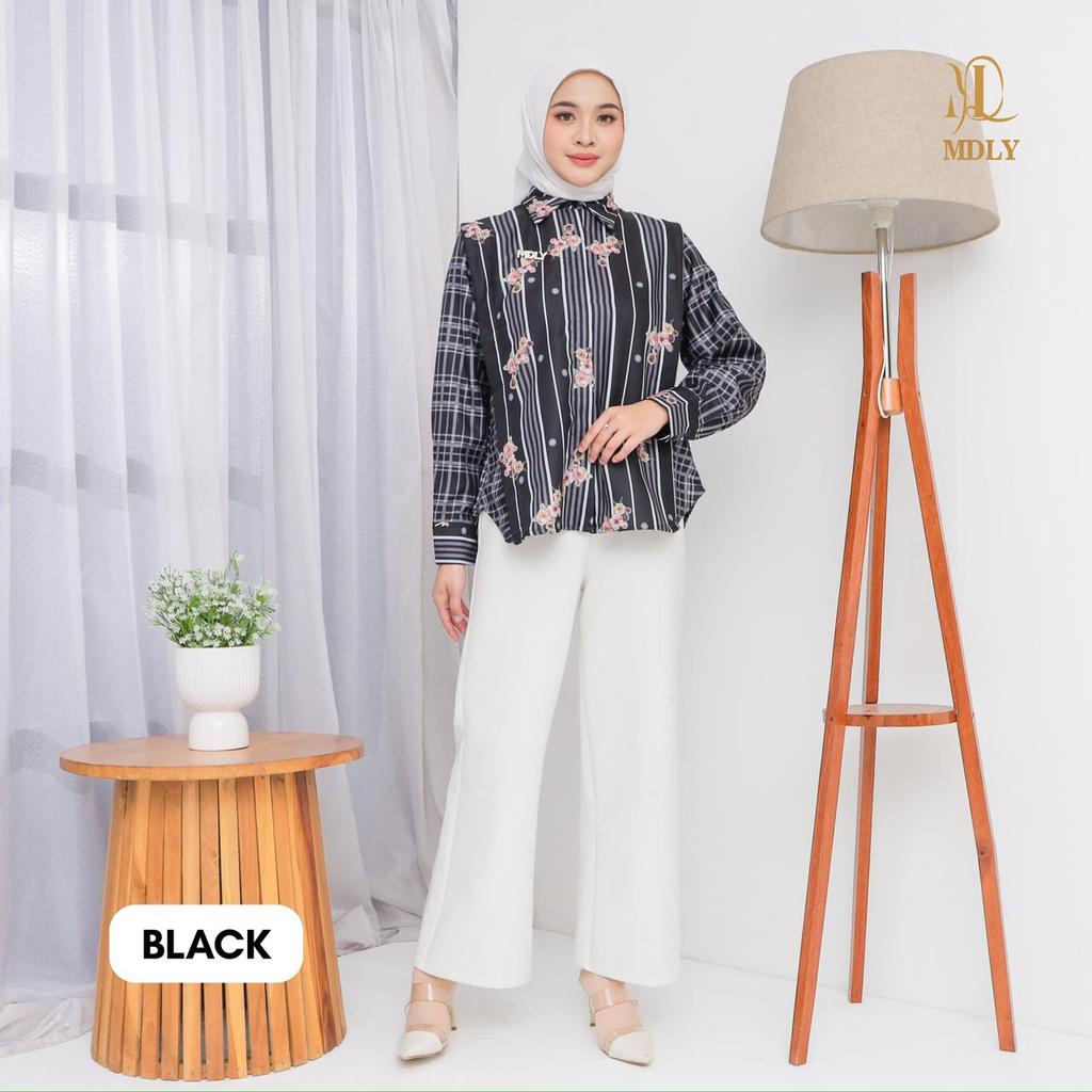 MDLY kalu shirt kemeja atasan wanita lengan panjang motif stripes printing feminim dan elegan