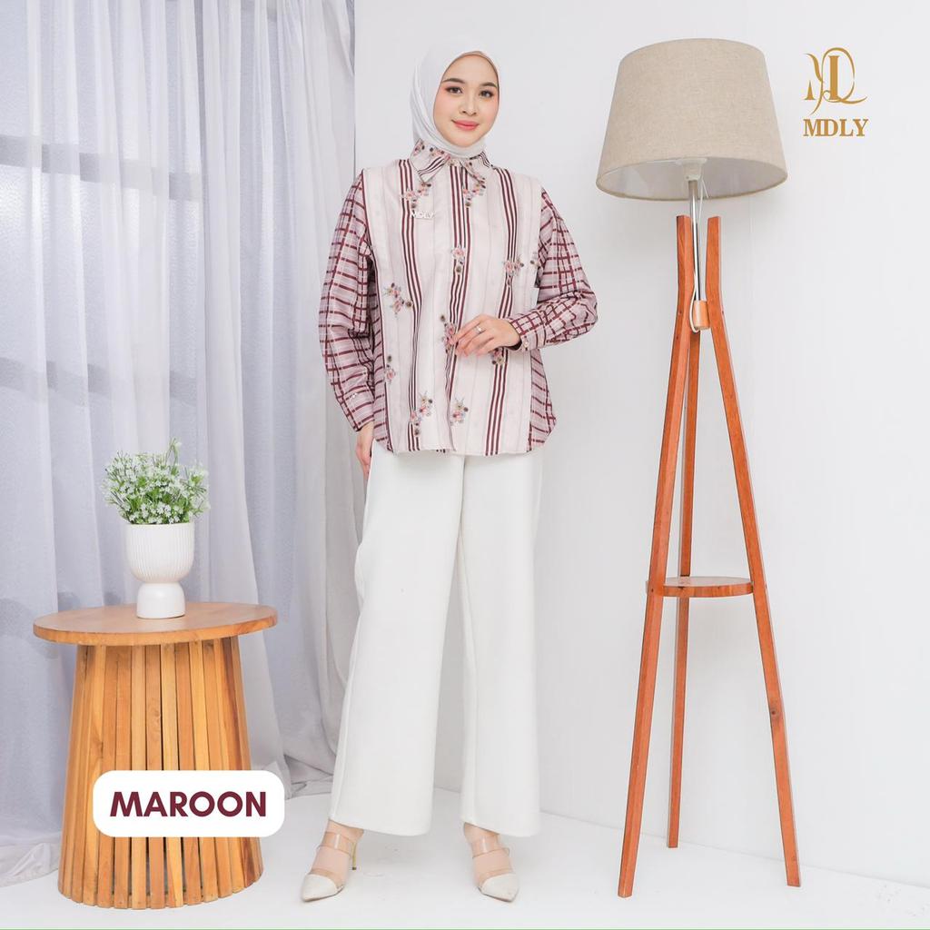MDLY kalu shirt kemeja atasan wanita lengan panjang motif stripes printing feminim dan elegan