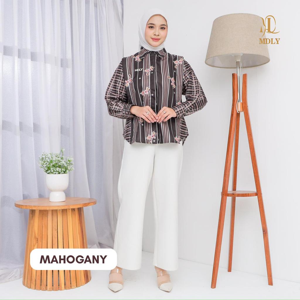 MDLY kalu shirt kemeja atasan wanita lengan panjang motif stripes printing feminim dan elegan