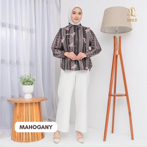 Image of MDLY kalu shirt kemeja atasan wanita lengan panjang motif stripes printing feminim dan elegan