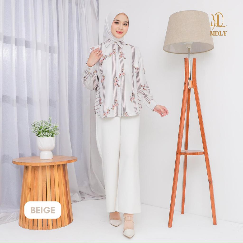 MDLY kalu shirt kemeja atasan wanita lengan panjang motif stripes printing feminim dan elegan