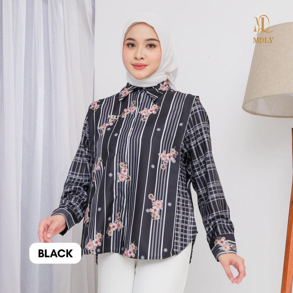 MDLY kalu shirt kemeja atasan wanita lengan panjang motif stripes printing feminim dan elegan