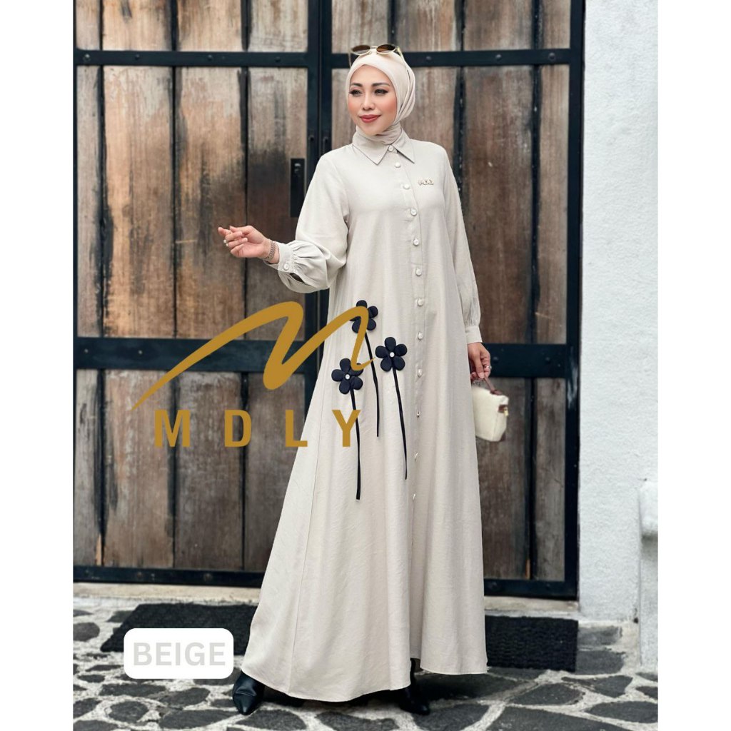 MDLY Baju gamis wanita muslim/Baju Busana Gamis Polos Premium with 3D Flowers/Ghania Dress by MDLY