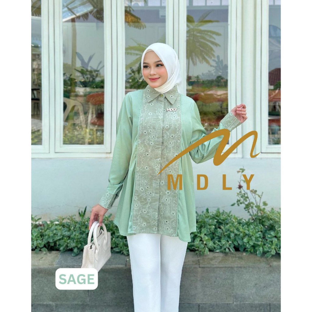 MDLY Baju kemeja atasan wanita/Kemeja Premium Motif Bordir/Baju Warna Cream/Fazren Shirt by MDLY