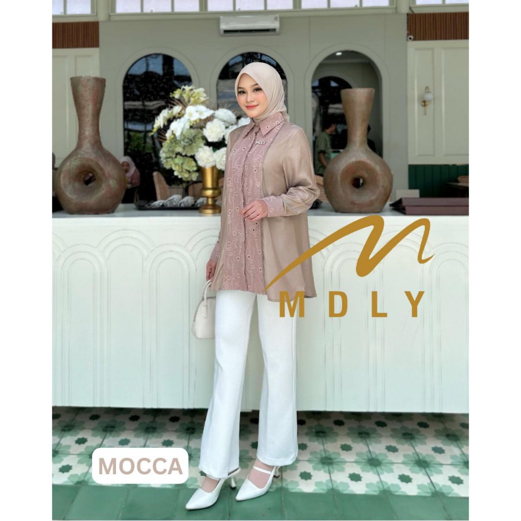 MDLY Baju kemeja atasan wanita/Kemeja Premium Motif Bordir/Baju Warna Cream/Fazren Shirt by MDLY