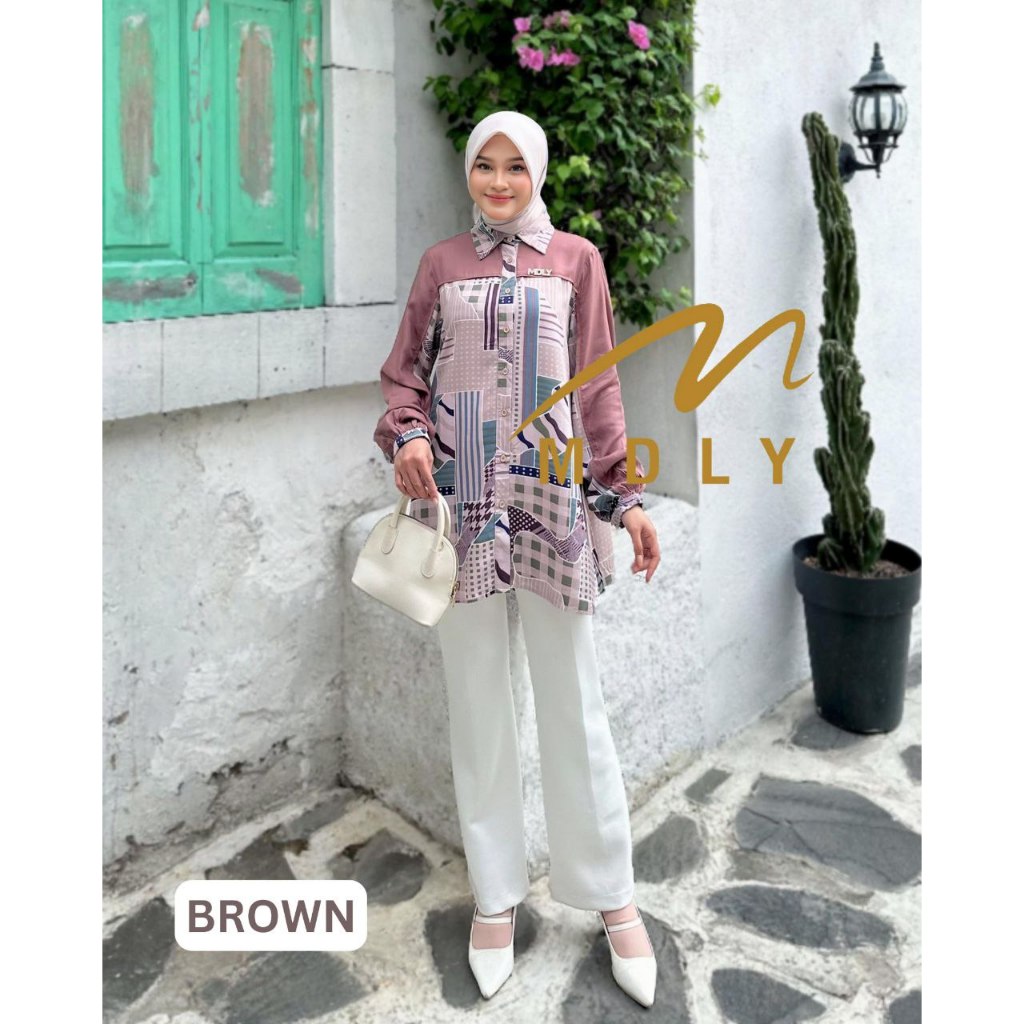 MDLY Baju kemeja atasan wanita/Kemeja Panjang Casual/Kemeja Daily Motif Print/Livia Shirt by MDLY