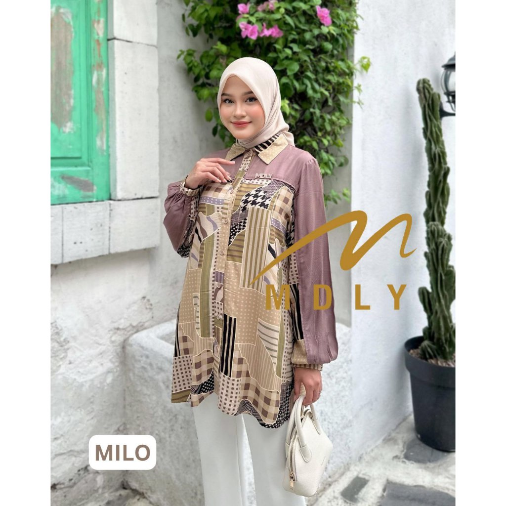 MDLY Baju kemeja atasan wanita/Kemeja Panjang Casual/Kemeja Daily Motif Print/Livia Shirt by MDLY
