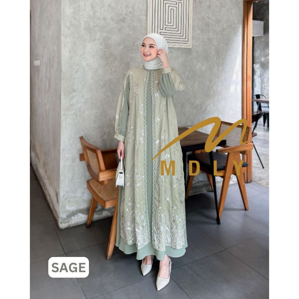 MDLY Baju gamis Wanita/Gamis Premium Motif Bordir Exclusive Kombinasi Outer/Ashita Dress by MDLY