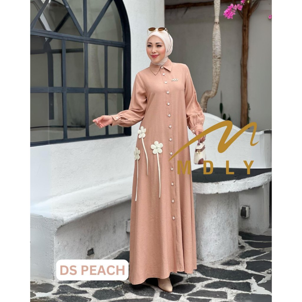MDLY Baju gamis wanita muslim/Baju Busana Gamis Polos Premium with 3D Flowers/Ghania Dress by MDLY