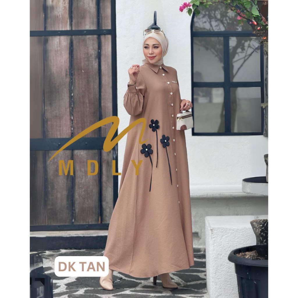 MDLY Baju gamis wanita muslim/Baju Busana Gamis Polos Premium with 3D Flowers/Ghania Dress by MDLY