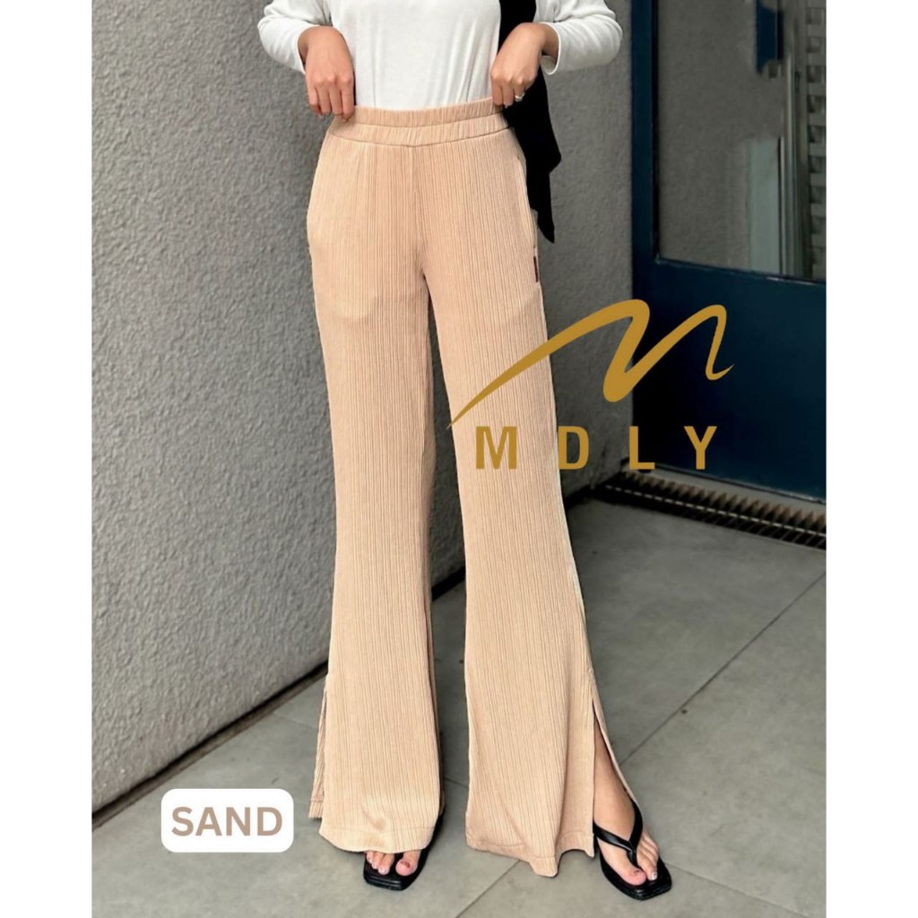 MDLY Celana panjang wanit/Celana Panjang Kain/Celana Bahan Knit/Flare Pleats Pants By Mdly