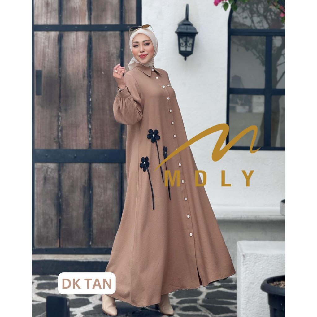 MDLY Baju gamis wanita muslim/Baju Busana Gamis Polos Premium with 3D Flowers/Ghania Dress by MDLY